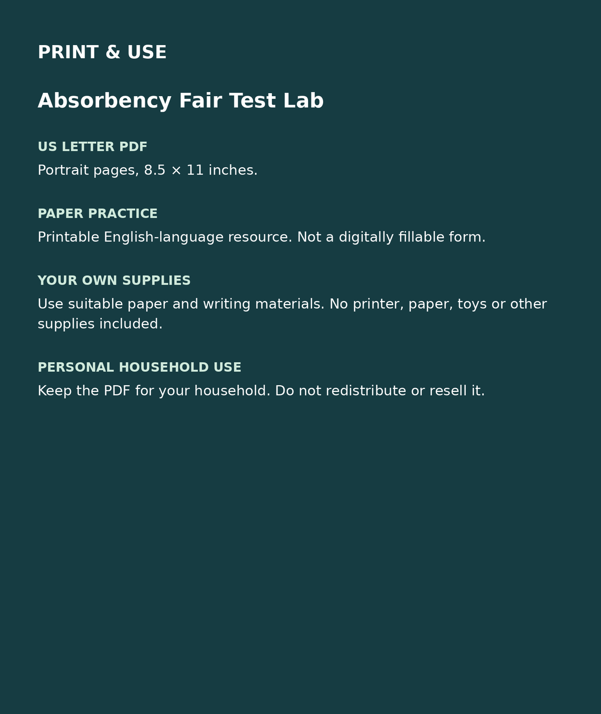 Absorbency Fair Test Lab: US Letter English printable PDF, not fillable; own supplies required; personal household use