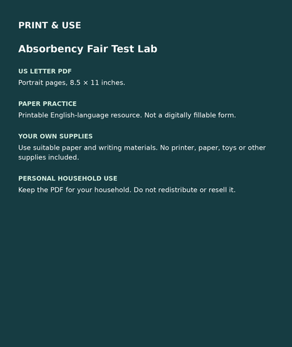Absorbency Fair Test Lab: US Letter English printable PDF, not fillable; own supplies required; personal household use