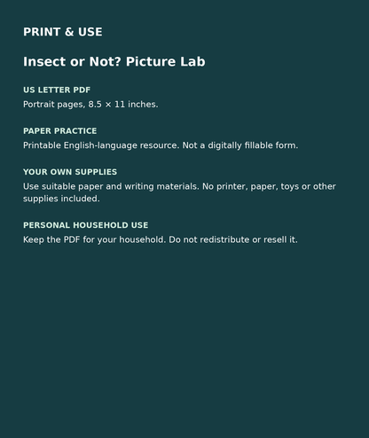 Insect or Not? Picture Lab: US Letter English printable PDF, not fillable; own supplies required; personal household use