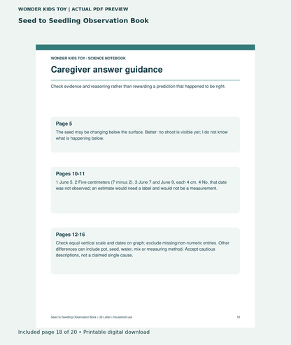 Seed to Seedling Observation Book: actual included PDF page 18 of 20, readable interior preview
