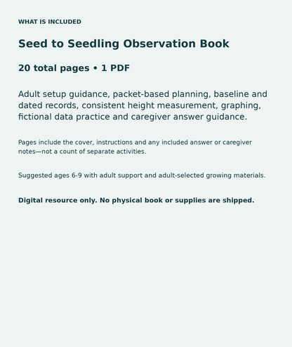 Seed to Seedling Observation Book: contents overview, 20 total pages in one PDF; Adult setup guidance, packet-based planning, baseline and dated records, consistent height measurement, graphing, fictional data practice and caregiver answer guidance.