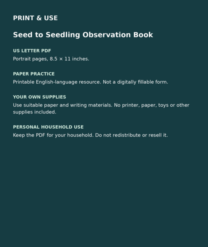 Seed to Seedling Observation Book: US Letter English printable PDF, not fillable; own supplies required; personal household use
