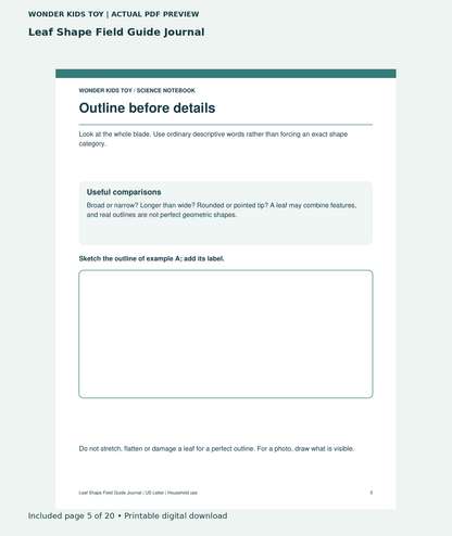 Leaf Shape Field Guide Journal: actual included PDF page 5 of 20, readable interior preview