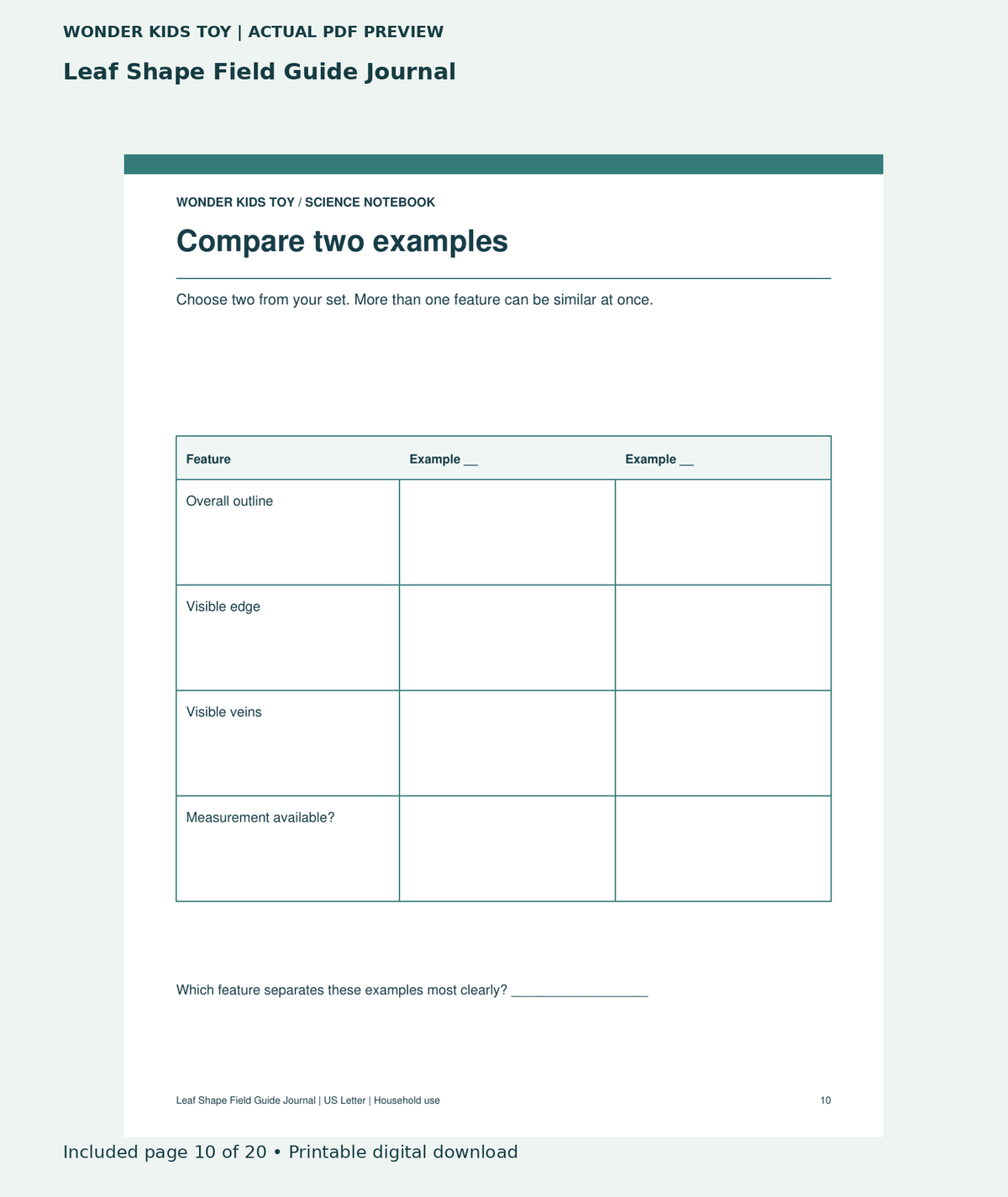Leaf Shape Field Guide Journal: actual included PDF page 10 of 20, readable interior preview
