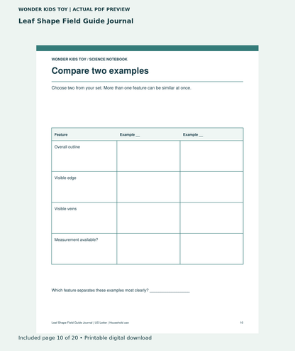 Leaf Shape Field Guide Journal: actual included PDF page 10 of 20, readable interior preview