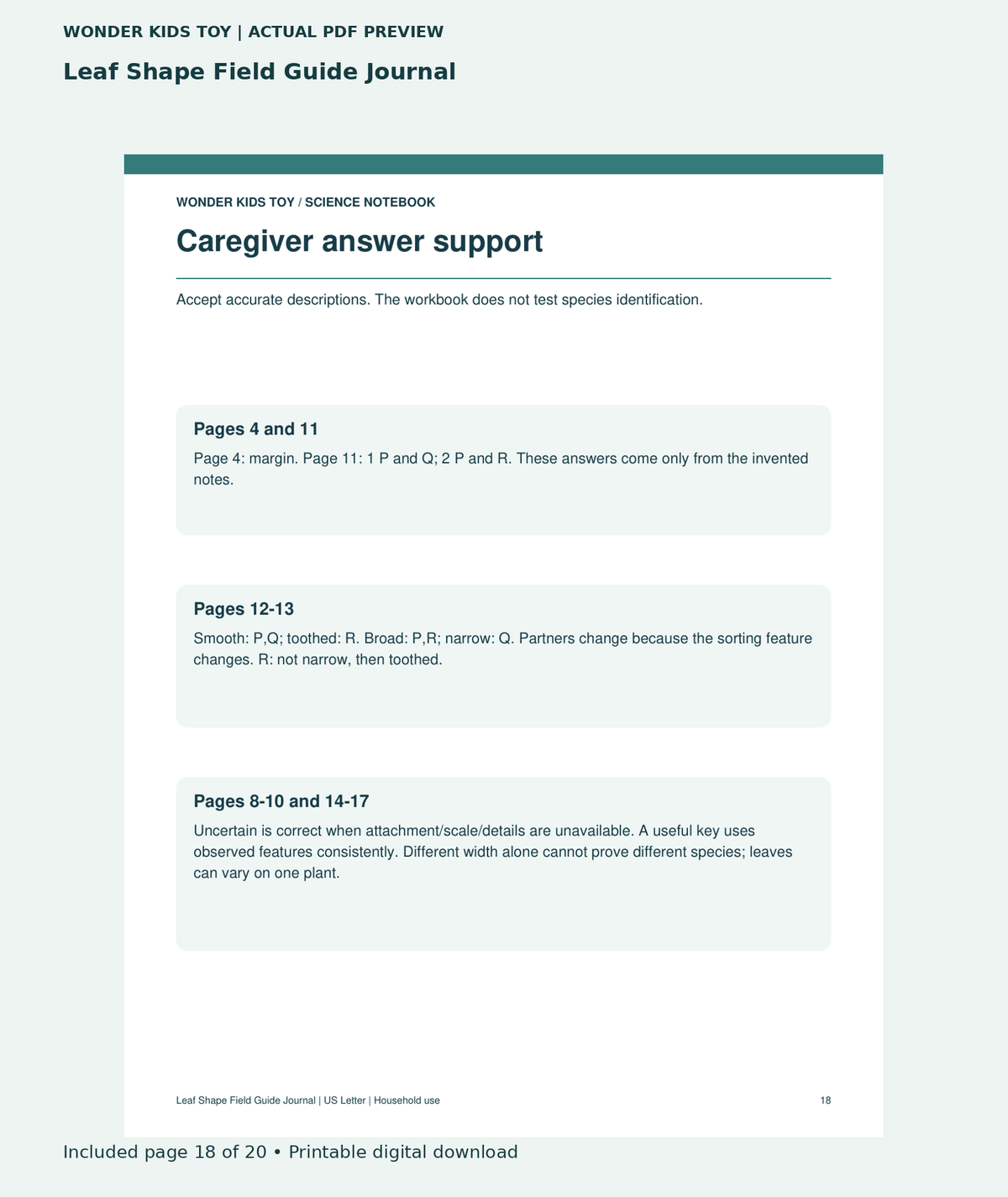 Leaf Shape Field Guide Journal: actual included PDF page 18 of 20, readable interior preview