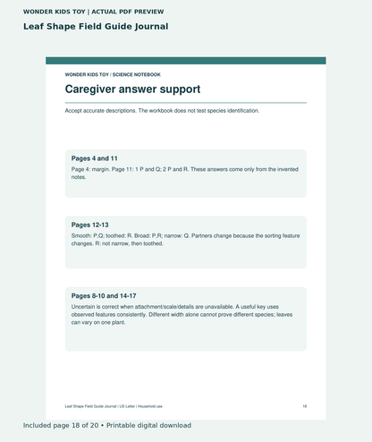 Leaf Shape Field Guide Journal: actual included PDF page 18 of 20, readable interior preview