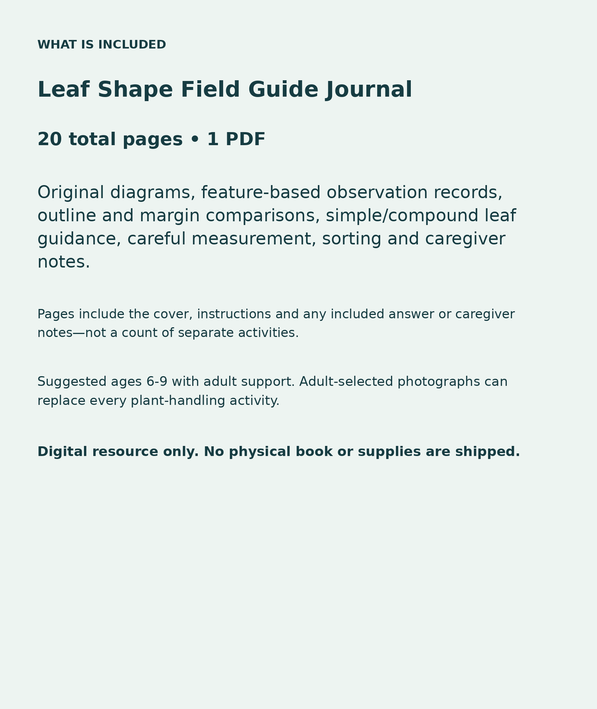 Leaf Shape Field Guide Journal: contents overview, 20 total pages in one PDF; Original diagrams, feature-based observation records, outline and margin comparisons, simple/compound leaf guidance, careful measurement, sorting and caregiver notes.