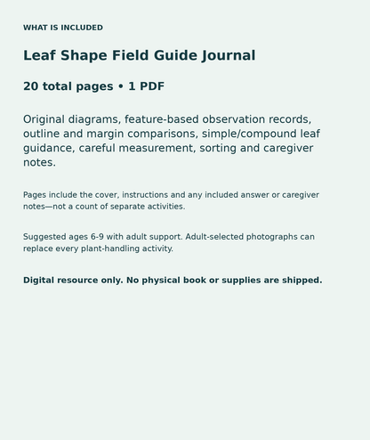 Leaf Shape Field Guide Journal: contents overview, 20 total pages in one PDF; Original diagrams, feature-based observation records, outline and margin comparisons, simple/compound leaf guidance, careful measurement, sorting and caregiver notes.