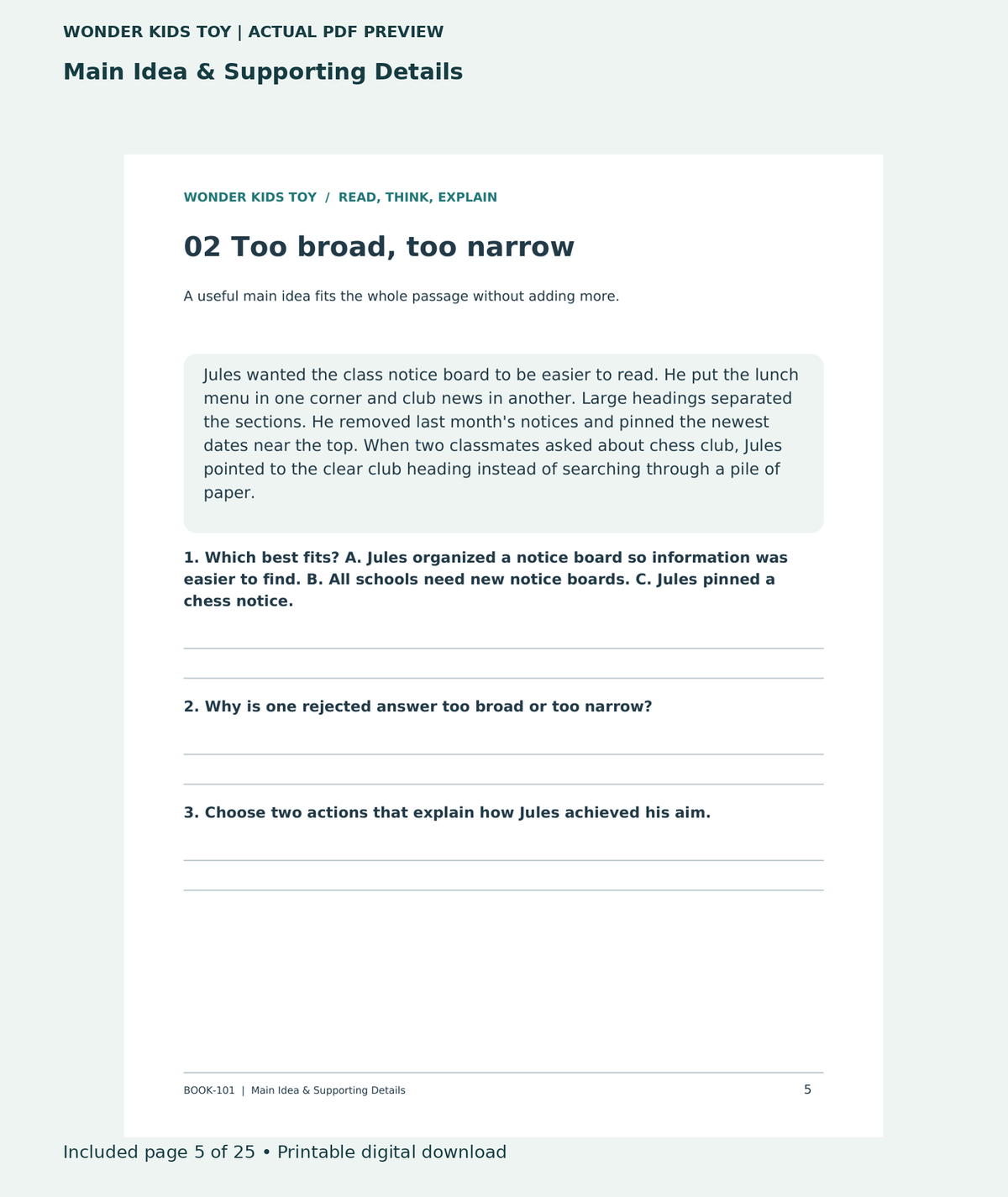 Main Idea & Supporting Details: actual included PDF page 5 of 25, readable interior preview