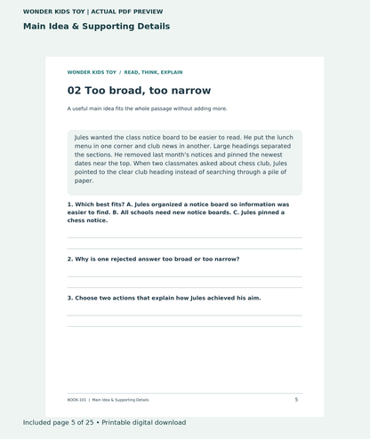 Main Idea & Supporting Details: actual included PDF page 5 of 25, readable interior preview