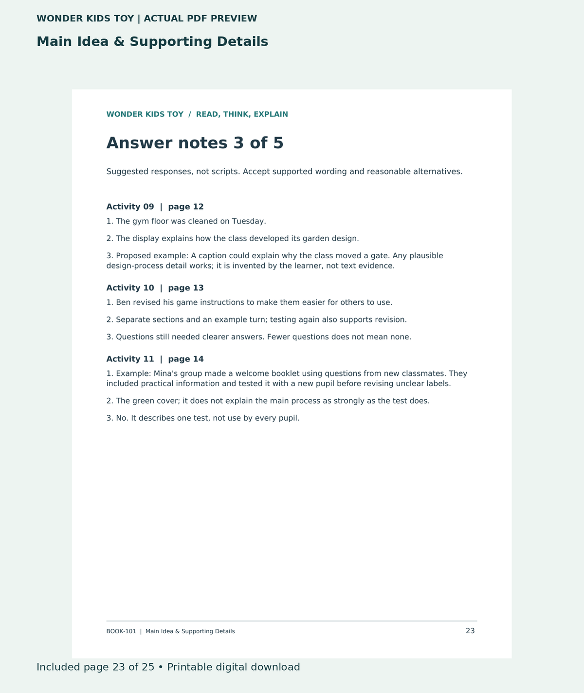 Main Idea & Supporting Details: actual included PDF page 23 of 25, readable interior preview
