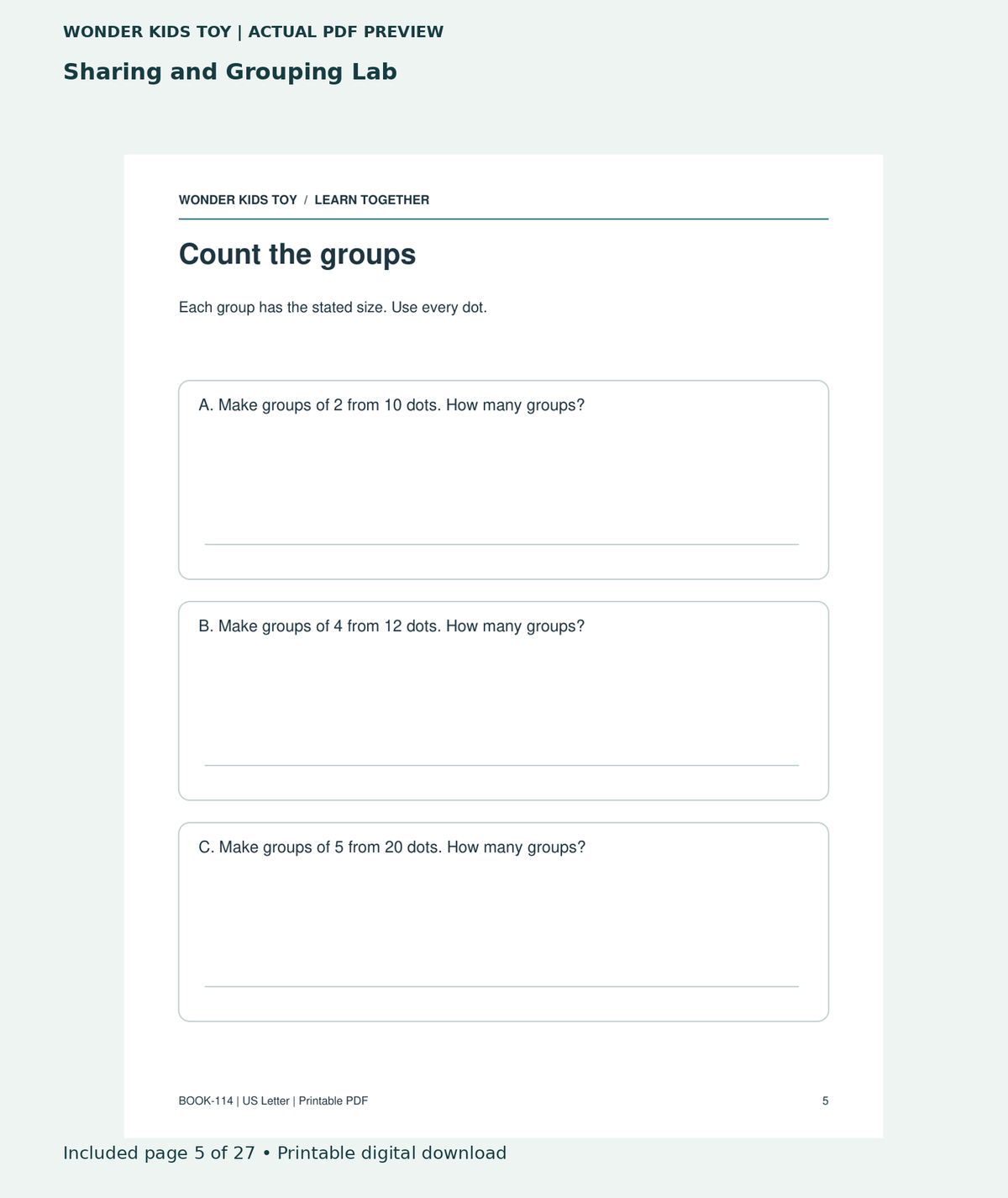 Sharing and Grouping Lab: actual included PDF page 5 of 27, readable interior preview