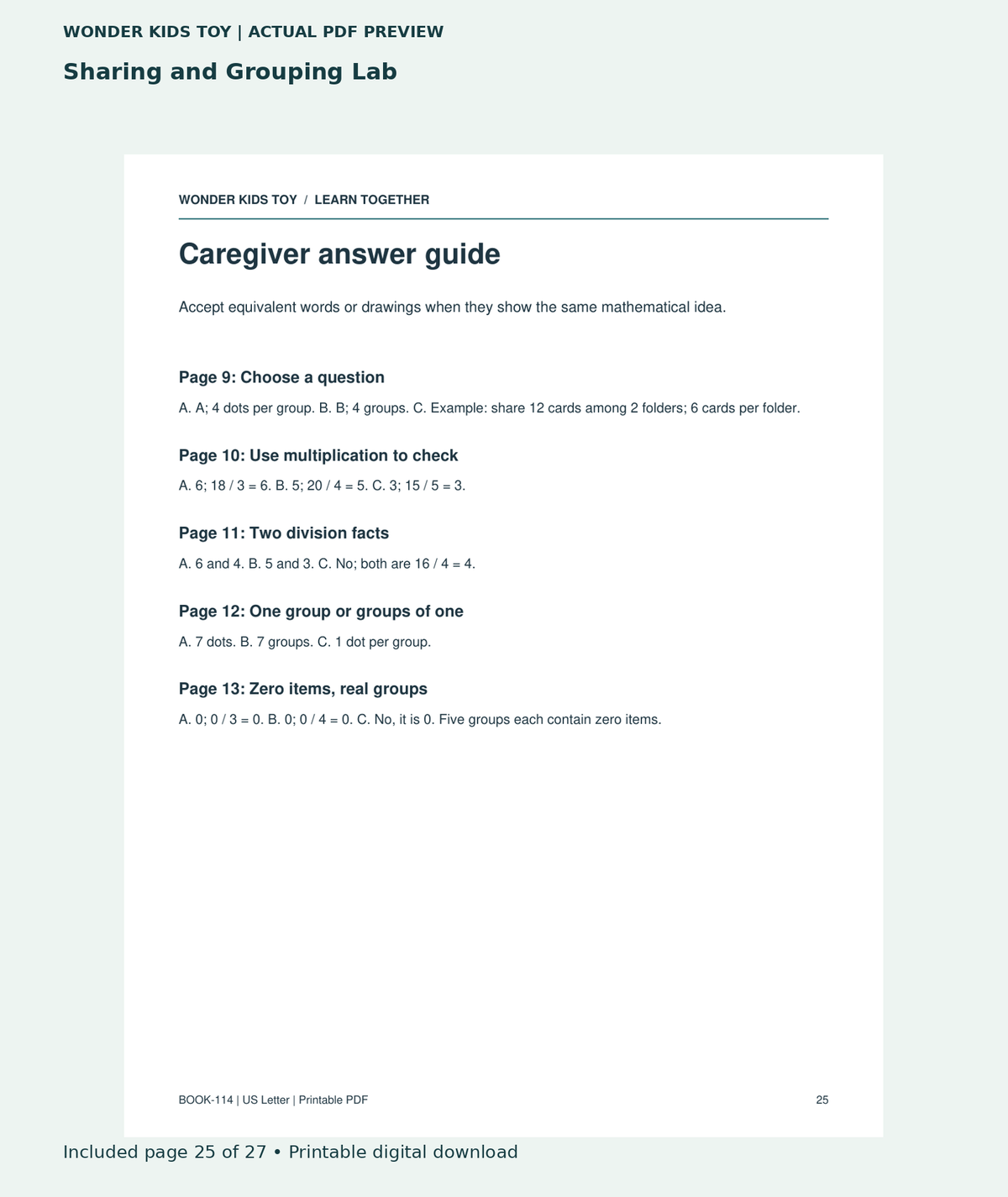 Sharing and Grouping Lab: actual included PDF page 25 of 27, readable interior preview