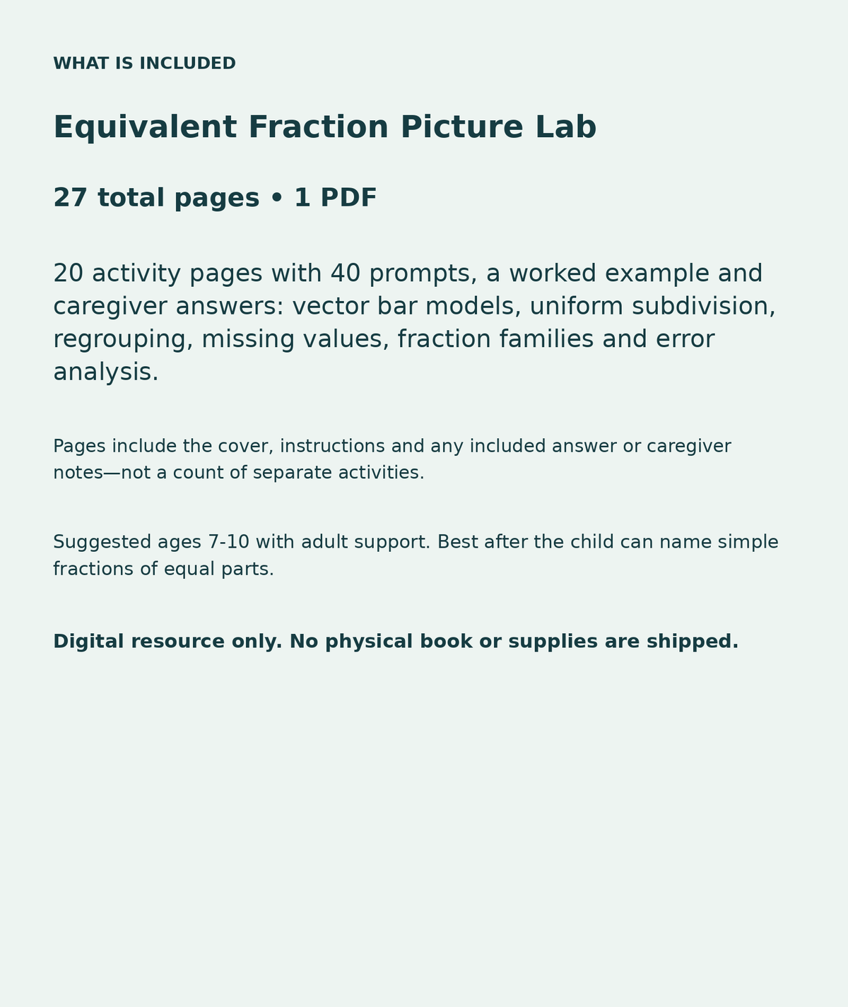 Equivalent Fraction Picture Lab: contents overview, 27 total pages in one PDF; 20 activity pages with 40 prompts, a worked example and caregiver answers: vector bar models, uniform subdivision, regrouping, missing values, fraction families and error analysis.