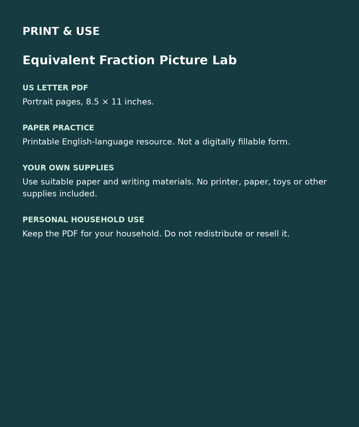 Equivalent Fraction Picture Lab: US Letter English printable PDF, not fillable; own supplies required; personal household use