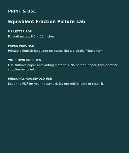 Equivalent Fraction Picture Lab: US Letter English printable PDF, not fillable; own supplies required; personal household use