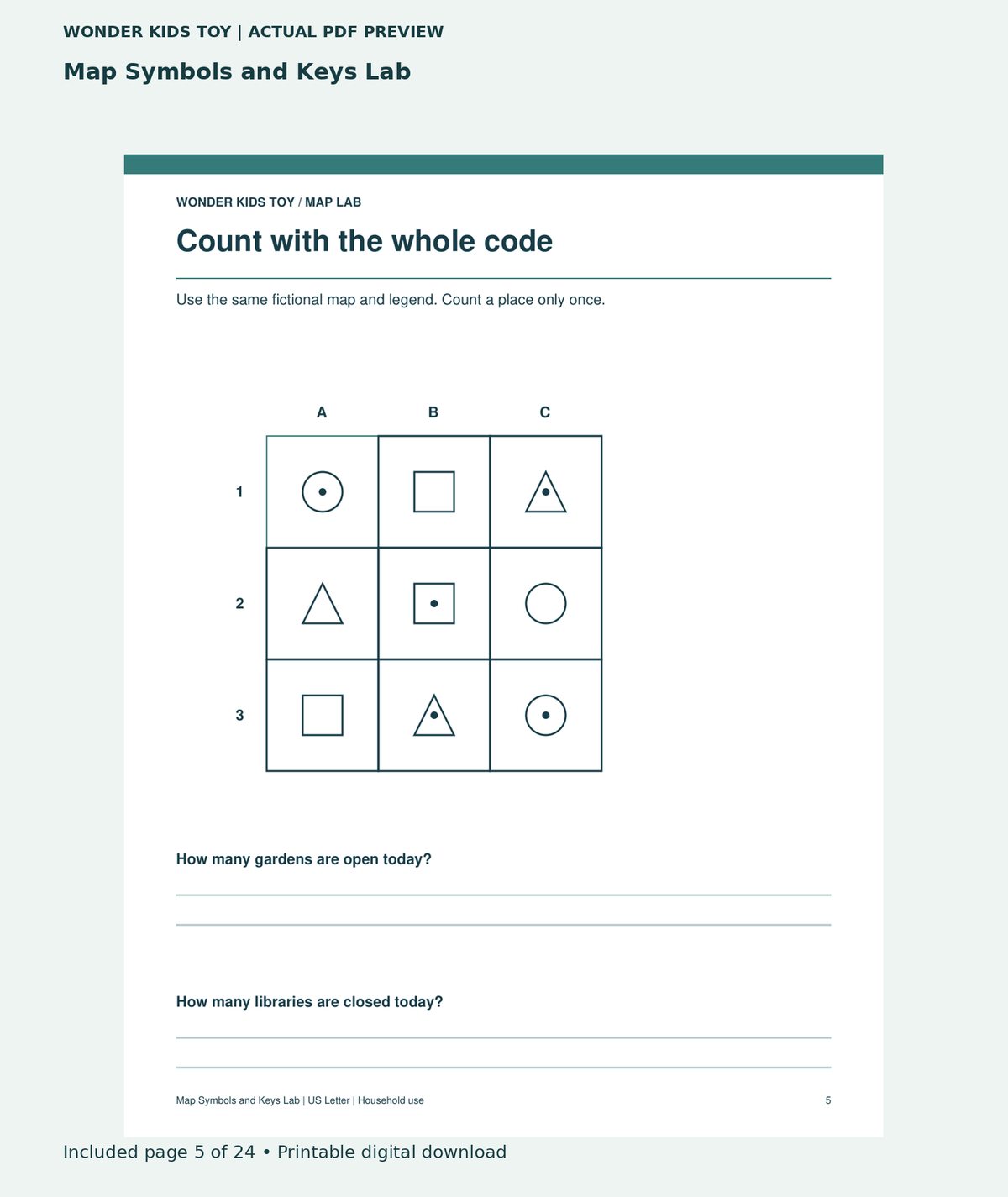 Map Symbols and Keys Lab: actual included PDF page 5 of 24, readable interior preview