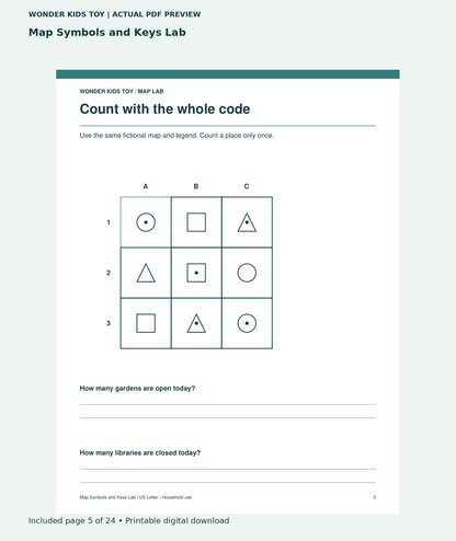 Map Symbols and Keys Lab: actual included PDF page 5 of 24, readable interior preview