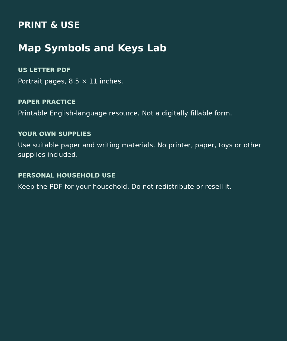 Map Symbols and Keys Lab: US Letter English printable PDF, not fillable; own supplies required; personal household use