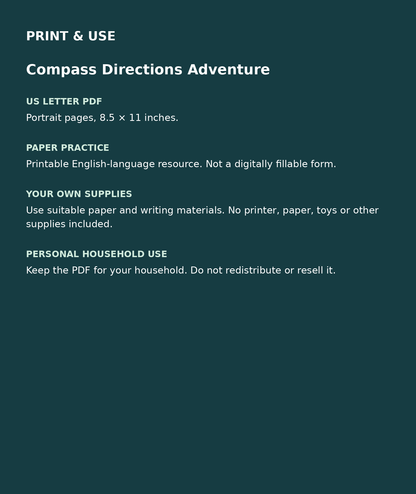 Compass Directions Adventure: US Letter English printable PDF, not fillable; own supplies required; personal household use
