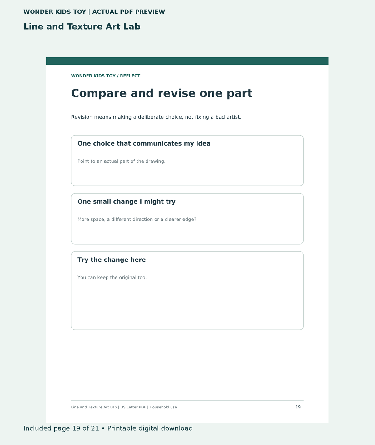 Line and Texture Art Lab: actual included PDF page 19 of 21, readable interior preview