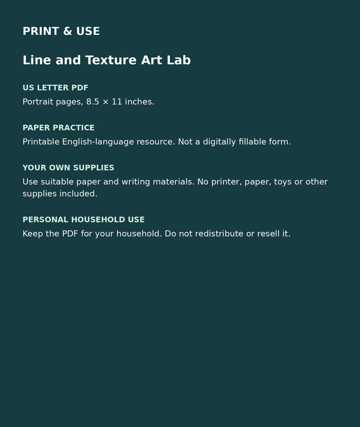 Line and Texture Art Lab: US Letter English printable PDF, not fillable; own supplies required; personal household use