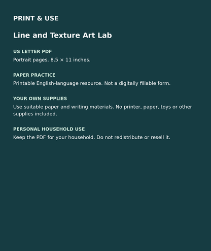 Line and Texture Art Lab: US Letter English printable PDF, not fillable; own supplies required; personal household use