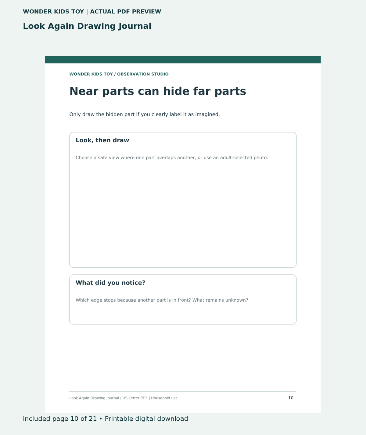 Look Again Drawing Journal: actual included PDF page 10 of 21, readable interior preview