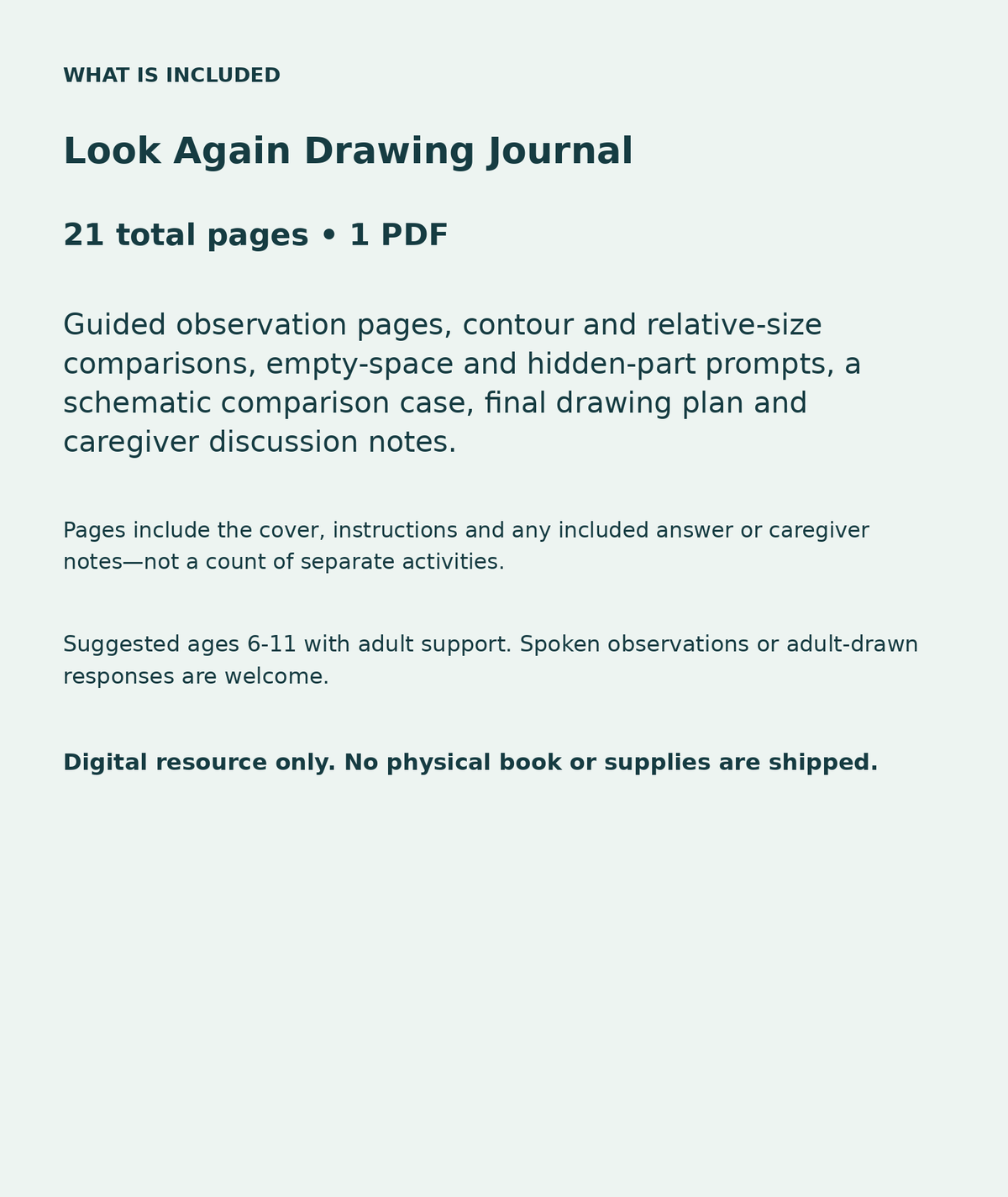 Look Again Drawing Journal: contents overview, 21 total pages in one PDF; Guided observation pages, contour and relative-size comparisons, empty-space and hidden-part prompts, a schematic comparison case, final drawing plan and caregiver discussion notes.