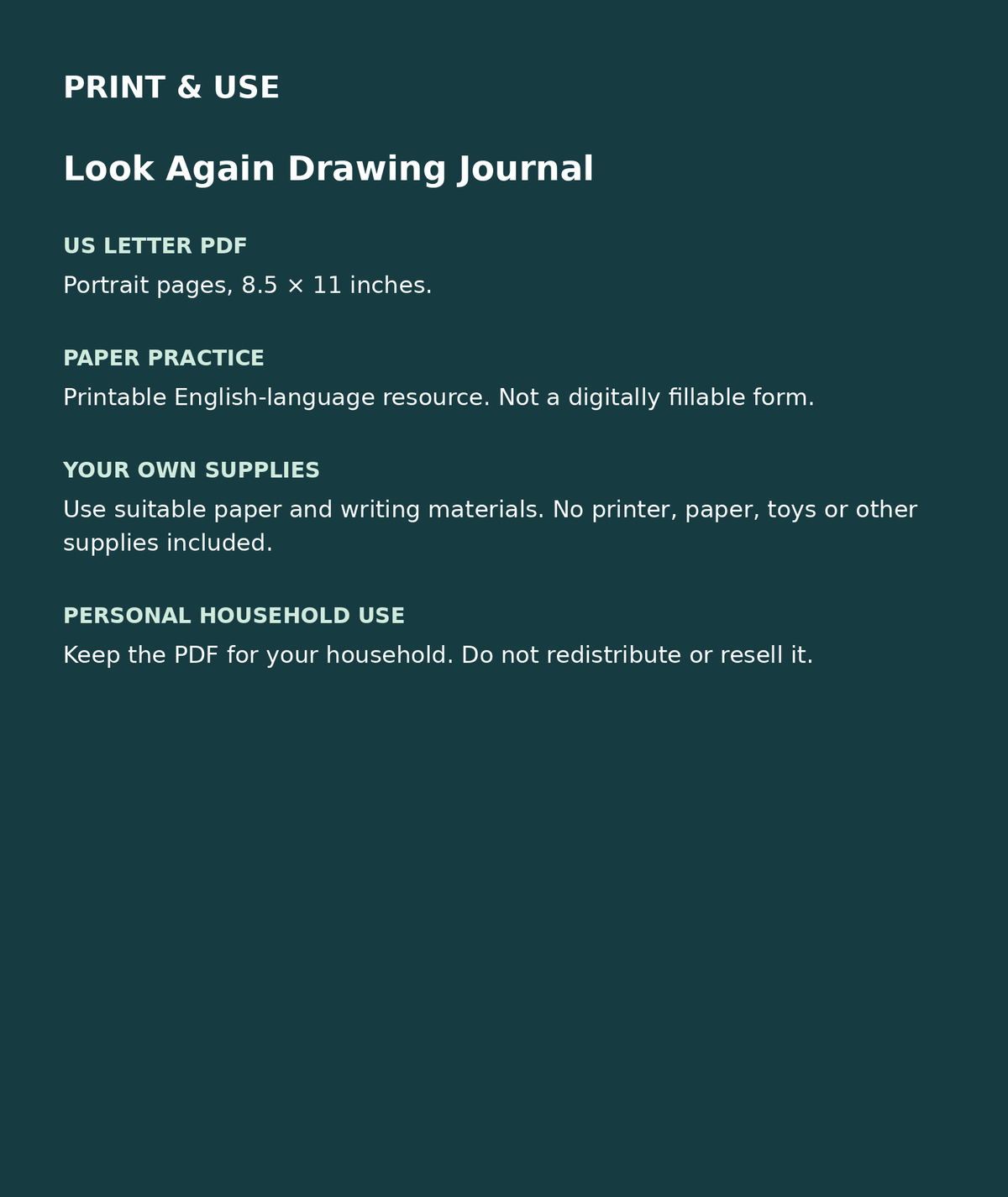 Look Again Drawing Journal: US Letter English printable PDF, not fillable; own supplies required; personal household use