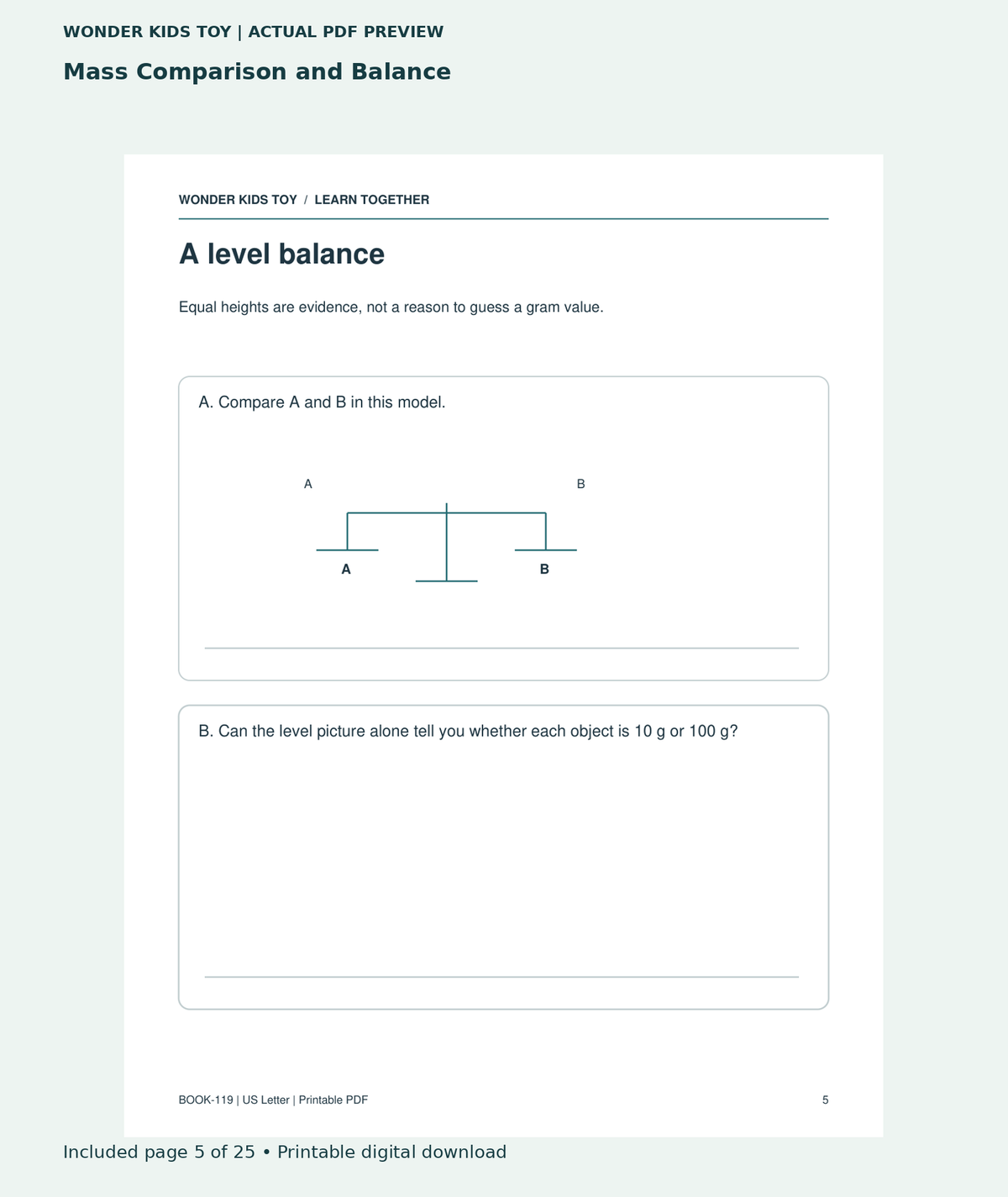 Mass Comparison and Balance: actual included PDF page 5 of 25, readable interior preview