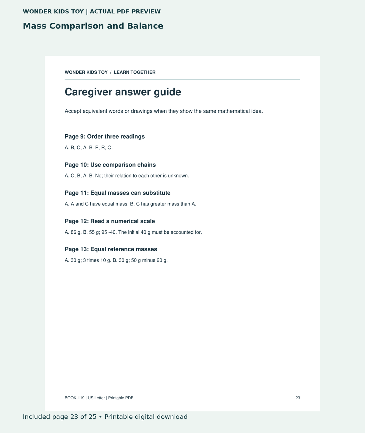 Mass Comparison and Balance: actual included PDF page 23 of 25, readable interior preview