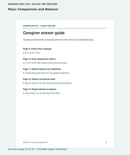 Mass Comparison and Balance: actual included PDF page 23 of 25, readable interior preview