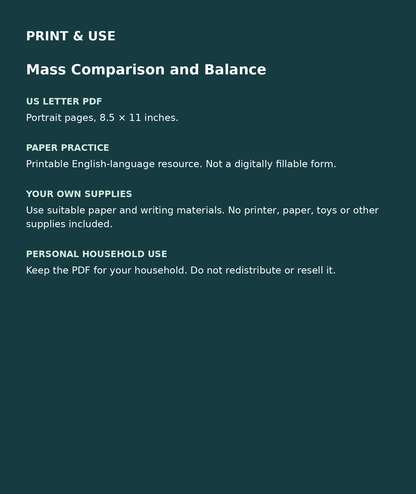 Mass Comparison and Balance: US Letter English printable PDF, not fillable; own supplies required; personal household use