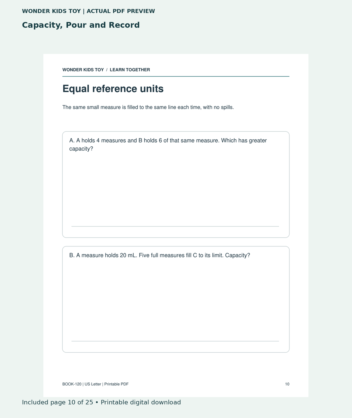 Capacity, Pour and Record: actual included PDF page 10 of 25, readable interior preview