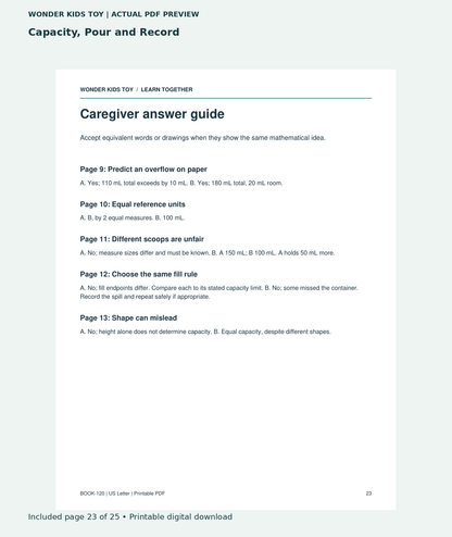 Capacity, Pour and Record: actual included PDF page 23 of 25, readable interior preview