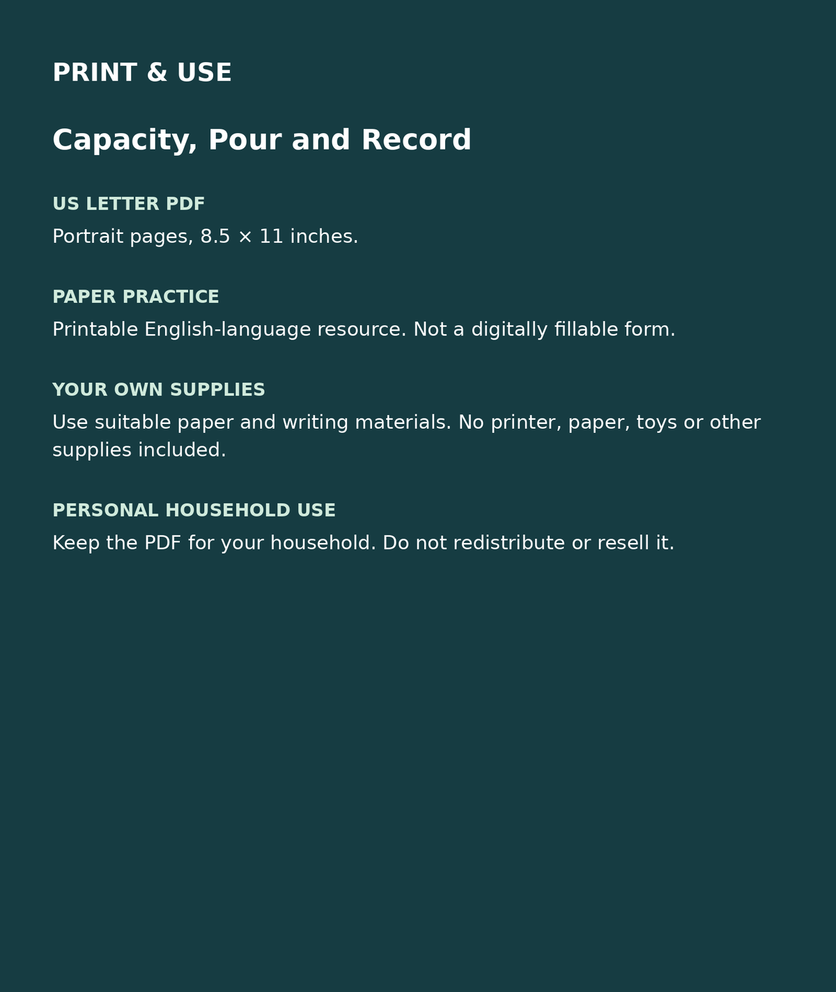 Capacity, Pour and Record: US Letter English printable PDF, not fillable; own supplies required; personal household use