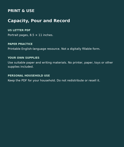 Capacity, Pour and Record: US Letter English printable PDF, not fillable; own supplies required; personal household use