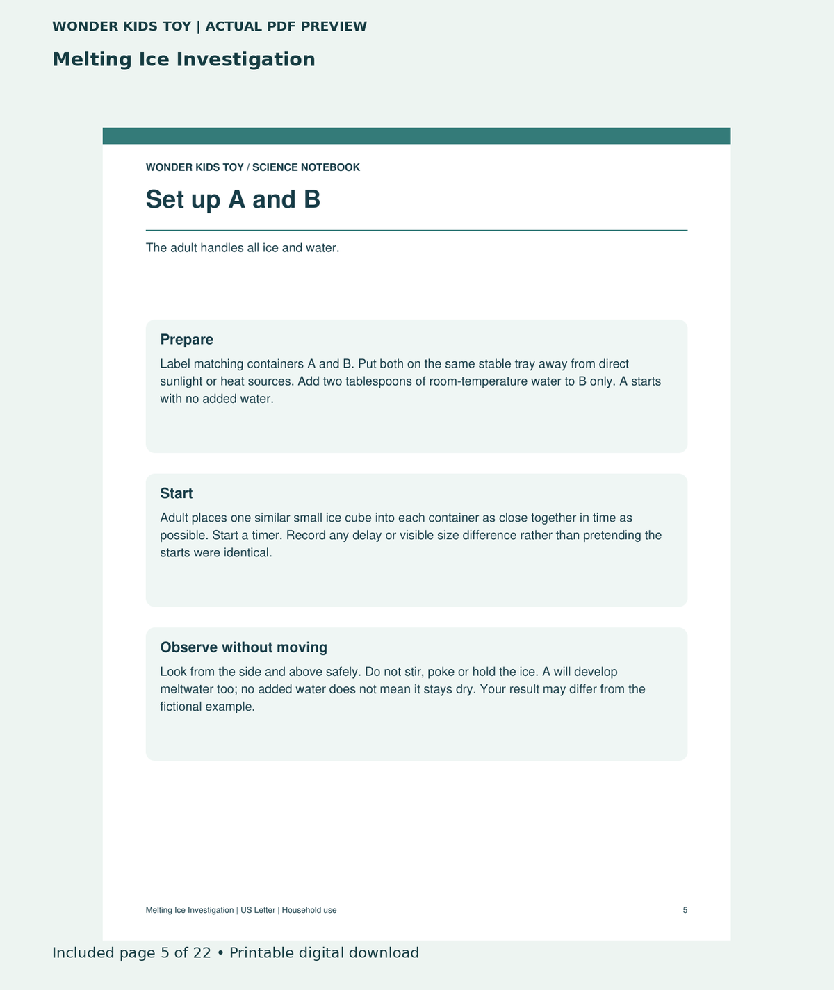 Melting Ice Investigation: actual included PDF page 5 of 22, readable interior preview