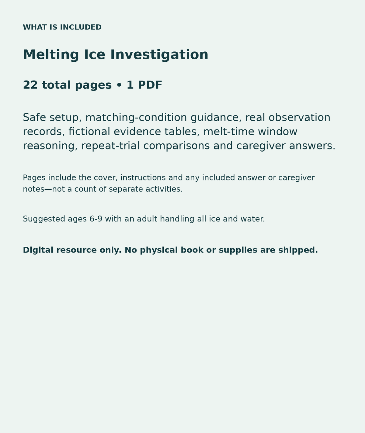 Melting Ice Investigation: contents overview, 22 total pages in one PDF; Safe setup, matching-condition guidance, real observation records, fictional evidence tables, melt-time window reasoning, repeat-trial comparisons and caregiver answers.