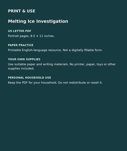 Melting Ice Investigation: US Letter English printable PDF, not fillable; own supplies required; personal household use