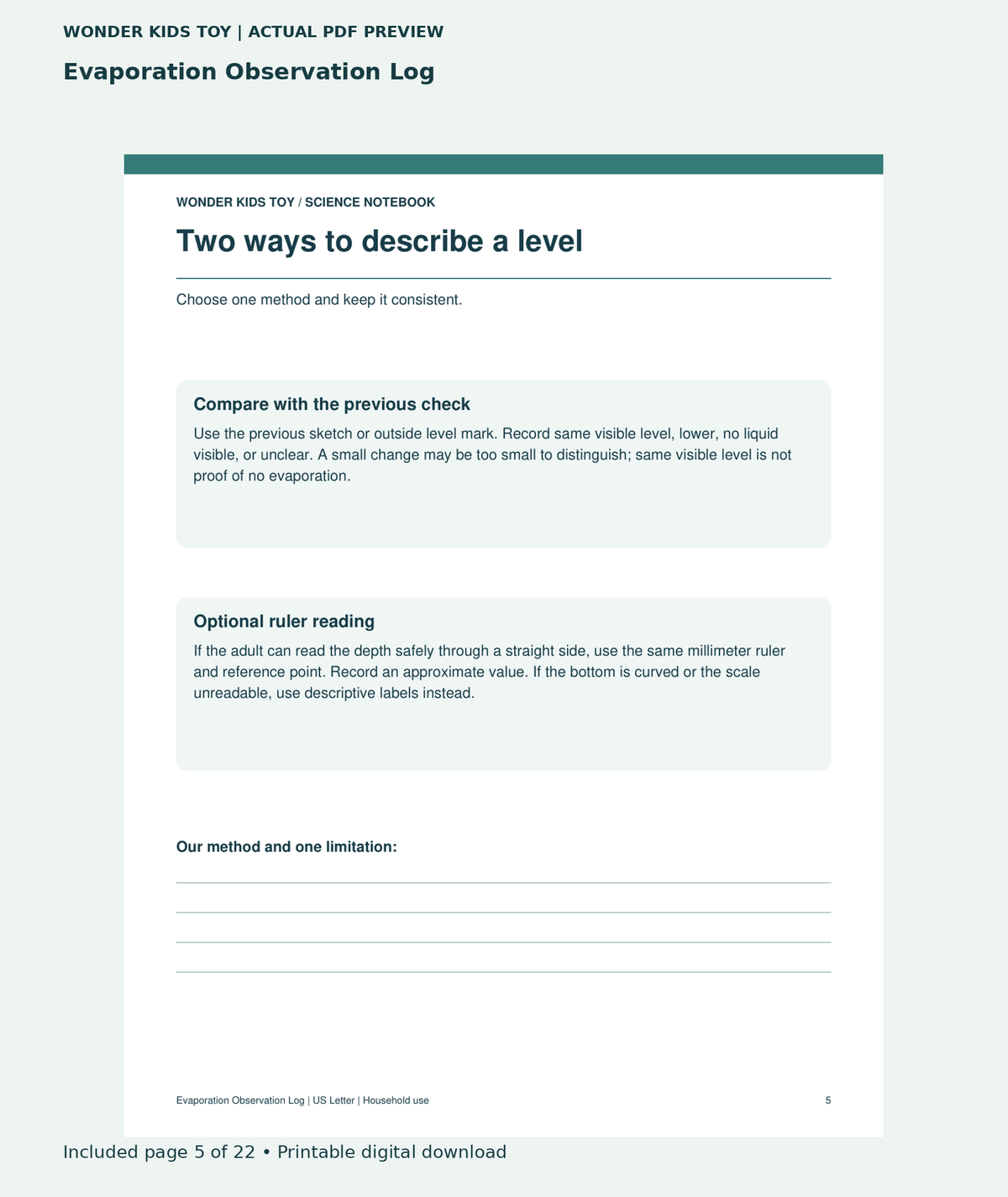 Evaporation Observation Log: actual included PDF page 5 of 22, readable interior preview