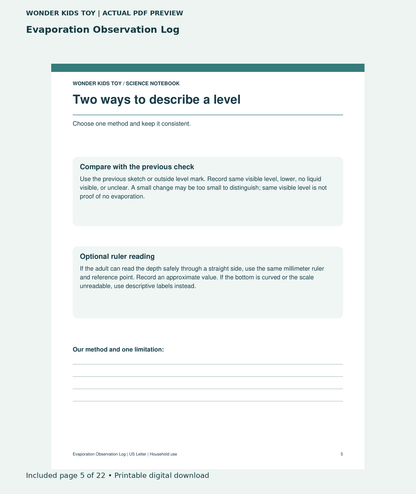 Evaporation Observation Log: actual included PDF page 5 of 22, readable interior preview