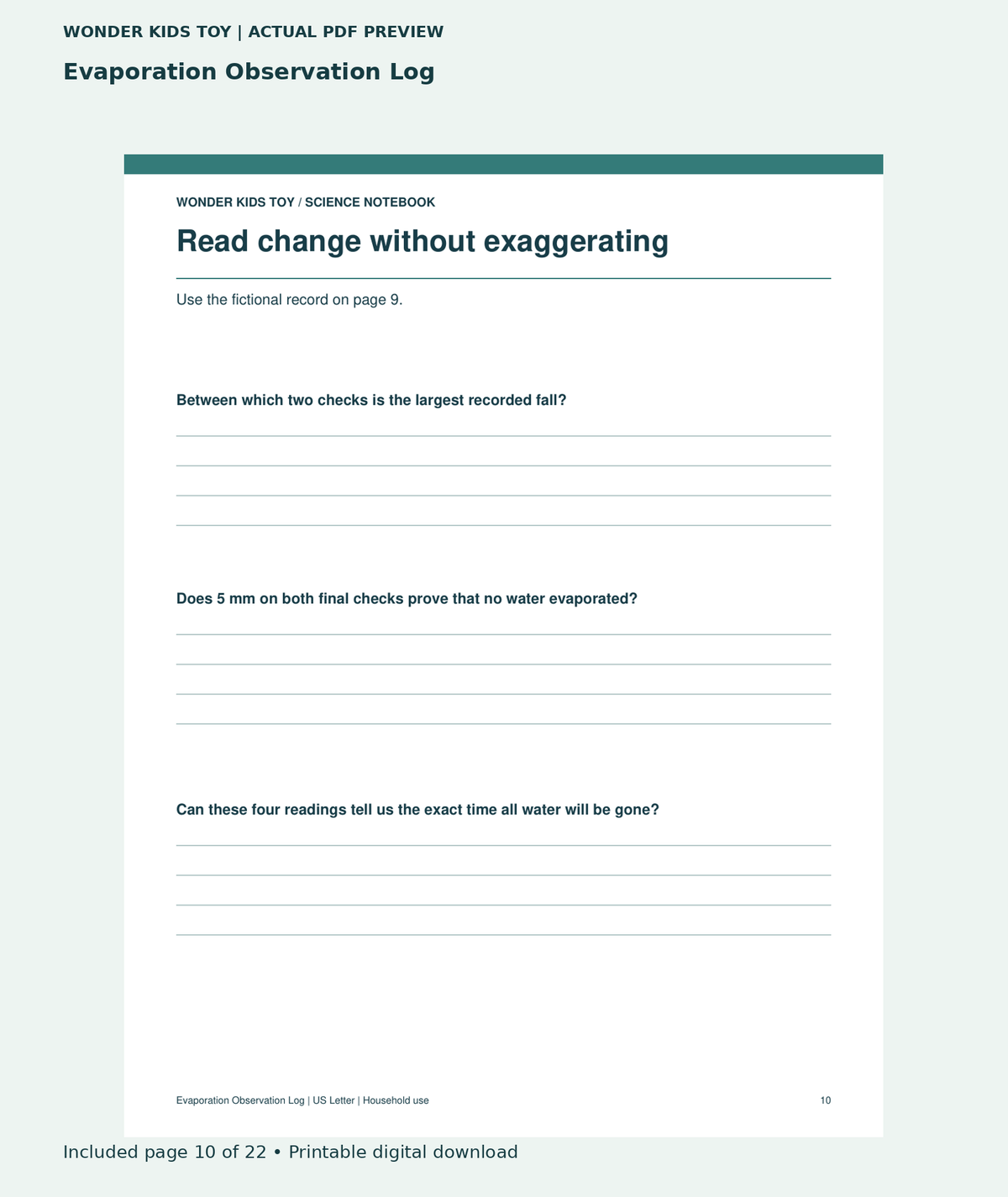 Evaporation Observation Log: actual included PDF page 10 of 22, readable interior preview