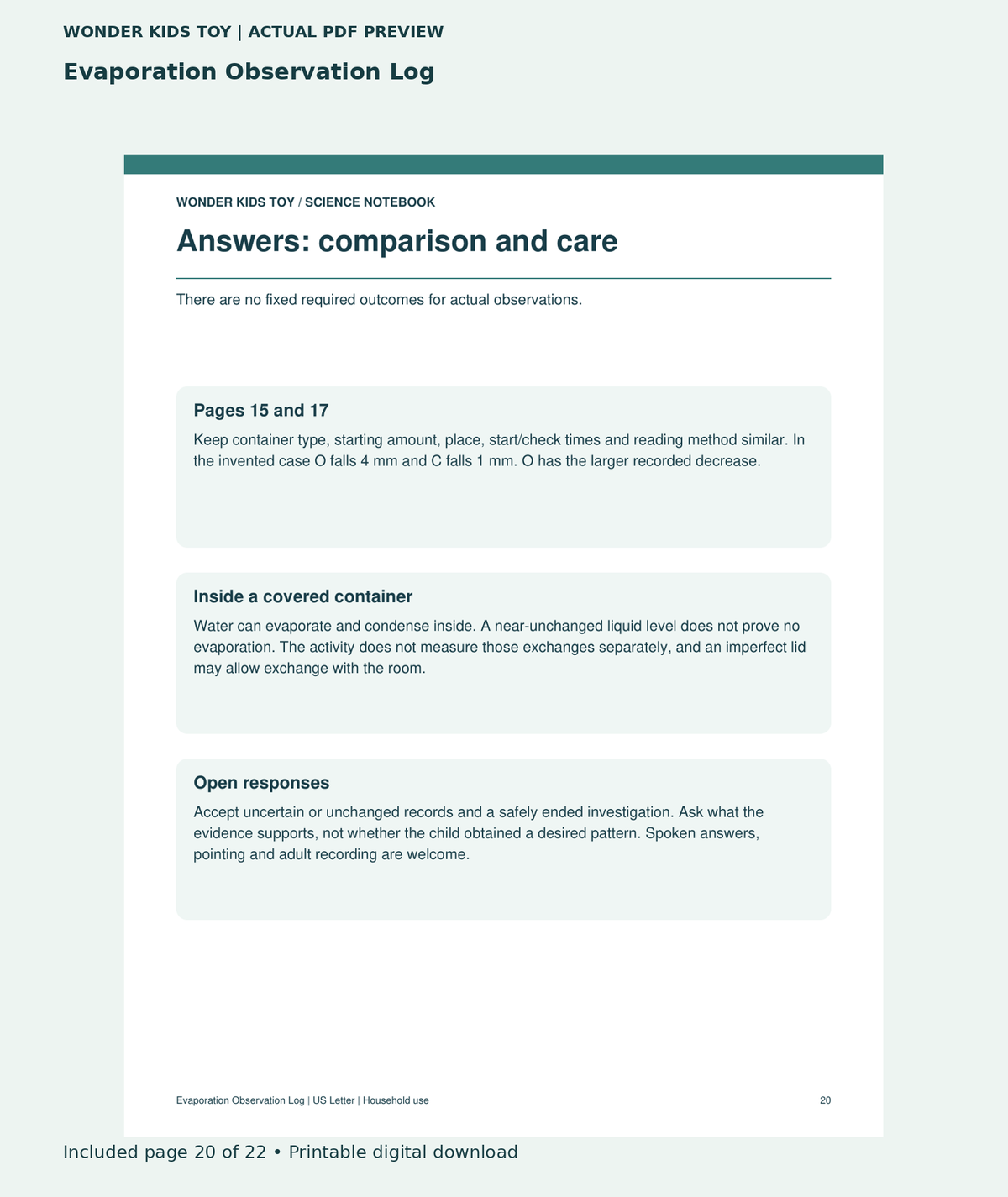 Evaporation Observation Log: actual included PDF page 20 of 22, readable interior preview