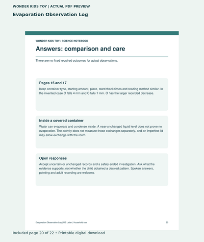 Evaporation Observation Log: actual included PDF page 20 of 22, readable interior preview