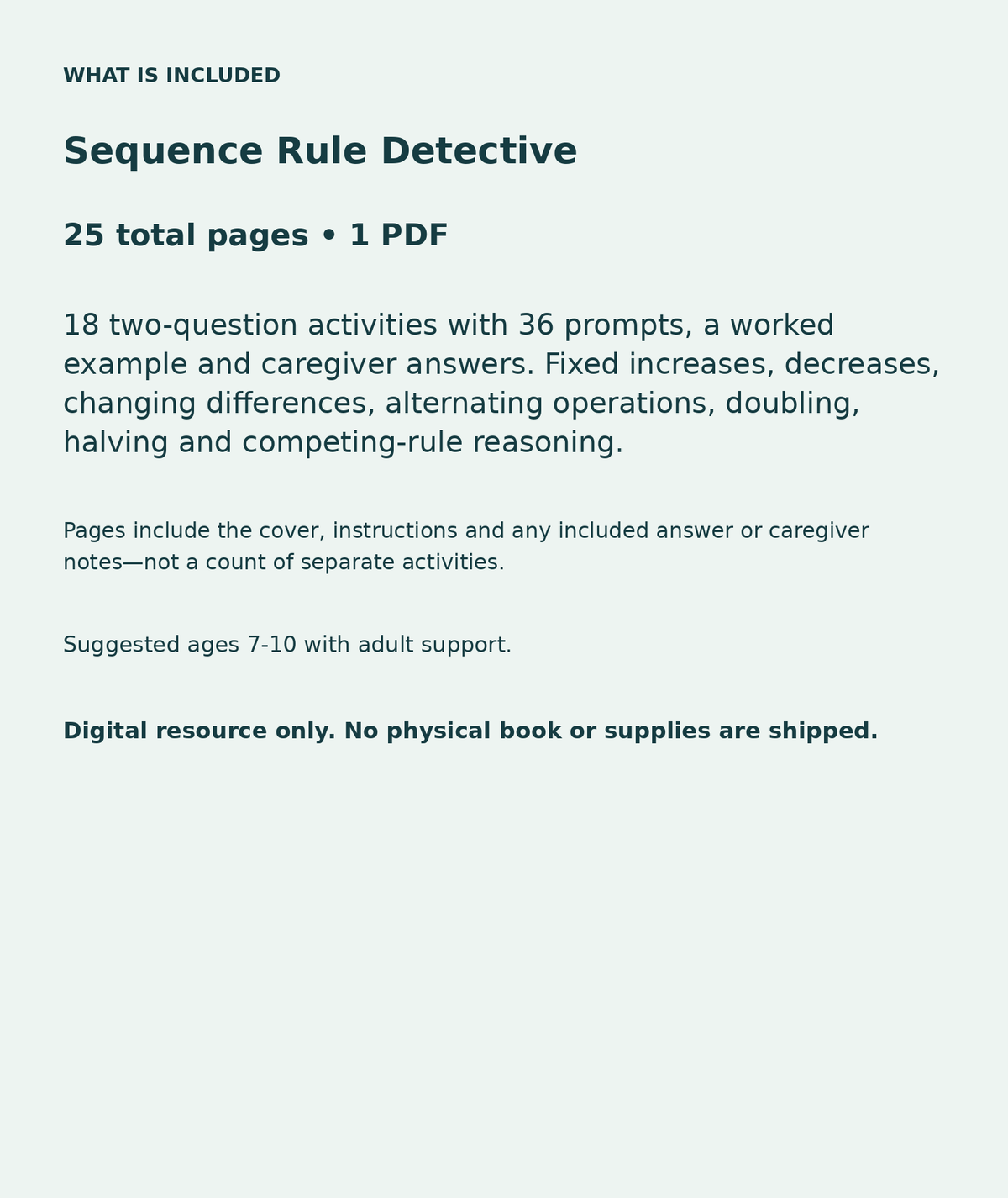 Sequence Rule Detective: contents overview, 25 total pages in one PDF; 18 two-question activities with 36 prompts, a worked example and caregiver answers. Fixed increases, decreases, changing differences, alternating operations, doubling, halving and competing-rule reasoning.