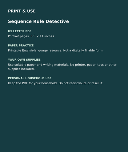 Sequence Rule Detective: US Letter English printable PDF, not fillable; own supplies required; personal household use