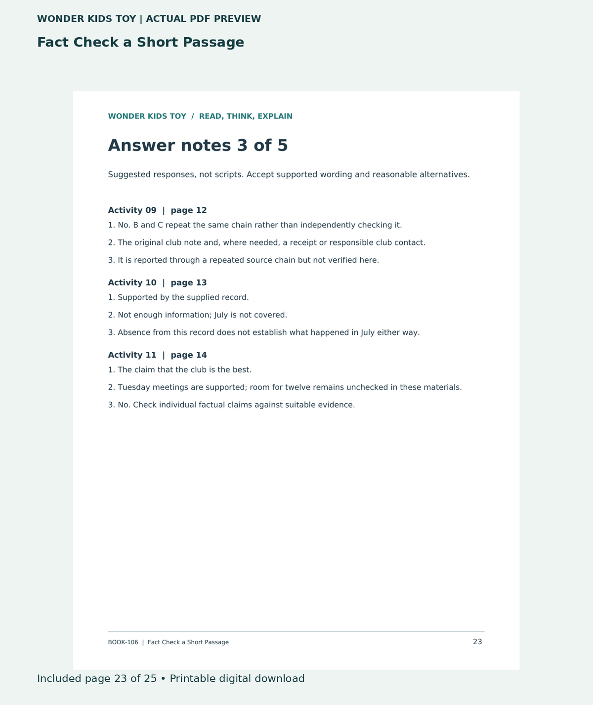 Fact Check a Short Passage: actual included PDF page 23 of 25, readable interior preview